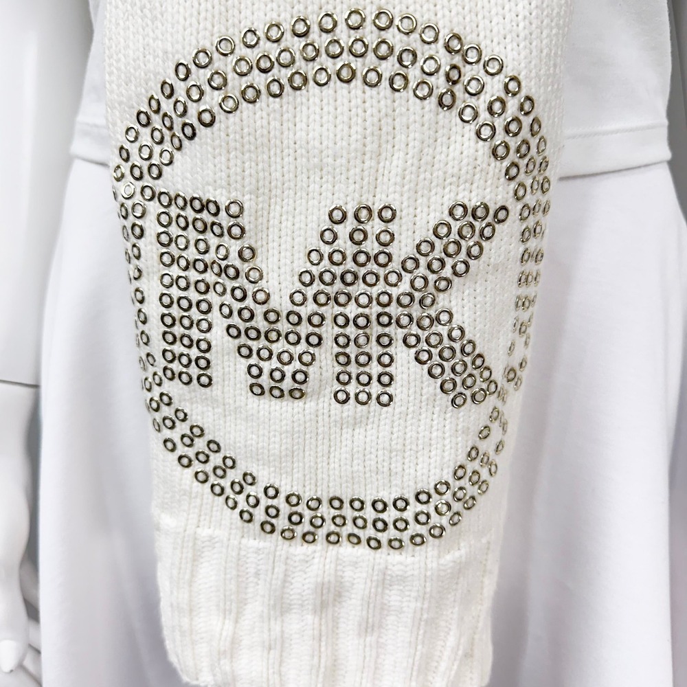 Michael Kors Scarf Women OS Cream Knitted Grommet Logo Eyelet Long Winter Wrap - Picture 2 of 8